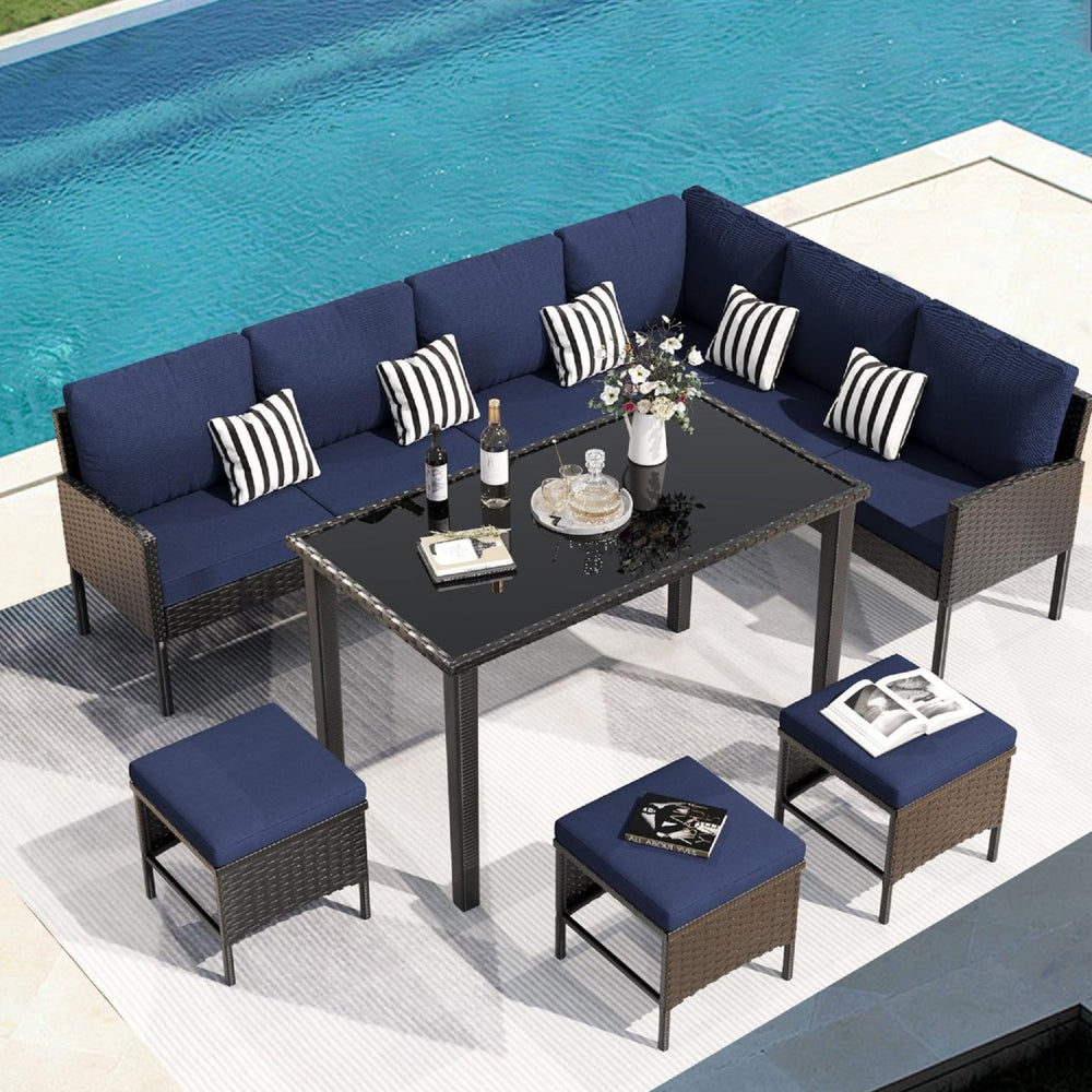 English Elm Small Space Outdoor Wicker Dining Set with Tempered Glass Table and Cushioned Seating W2071P281587