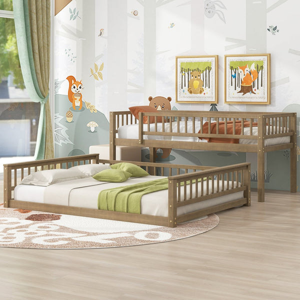 English Elm Twin Twin XL over Queen bunk bed with ladder and guardrails, sturdy pine MDF frame for small rooms Walnut GX000464AAD