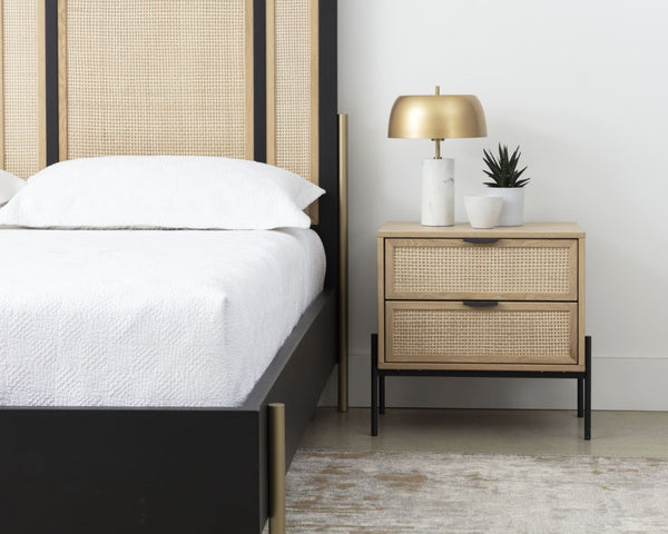 Sunpan AVIDA King Bed - Exquisite Black Oak & Natural Rattan with Gold Accents for Luxurious Bedrooms 110387