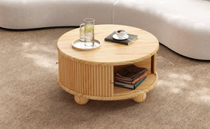 English Elm Round Fluted Pine Wood Coffee Table with Hidden Sliding Door Storage for Living Room Natural N735P369879N