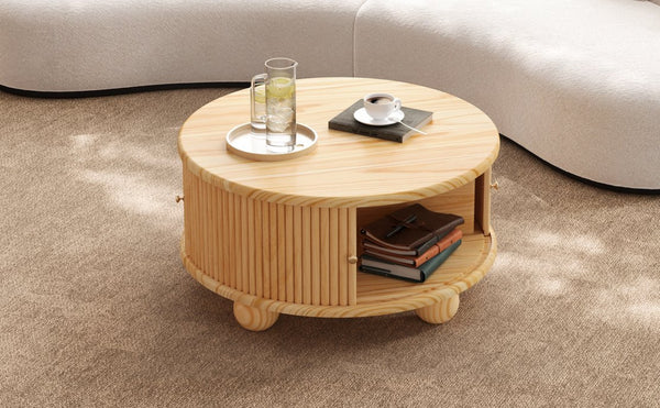 English Elm Round Fluted Pine Wood Coffee Table with Hidden Sliding Door Storage for Living Room Natural N735P369879N