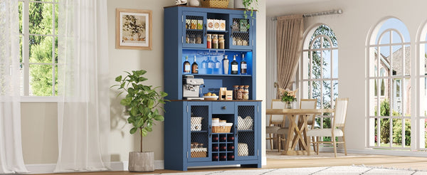 English Elm 70.9" Farmhouse Hutch Pantry with Led Lighting Wine Rack Mesh Doors and Built-in Power Navy Blue CH361426AAL