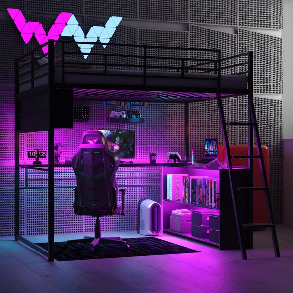 English Elm Full Metal Loft Bed with LED Desk & 4 Shelves, Black – Sturdy Full Frame, Color-Changing Lights, Compact GX000653AAB