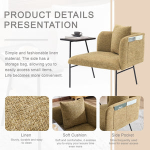 English Elm Leisure Linen Accent Chair with Built-in Side Table Pockets and Lumbar Pillow Modern Yellow W395P453313