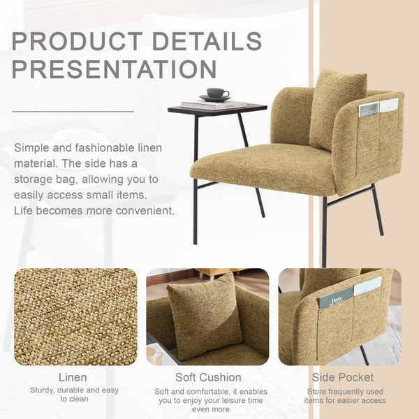 English Elm Leisure Linen Accent Chair with Built-in Side Table Pockets and Lumbar Pillow Modern Yellow W395P453313