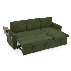 English Elm Modern Chenille Sofa Bed With Retractable Table, Led Lights, Usb Ports & Cup Holders – Green Comfort W1413S00097
