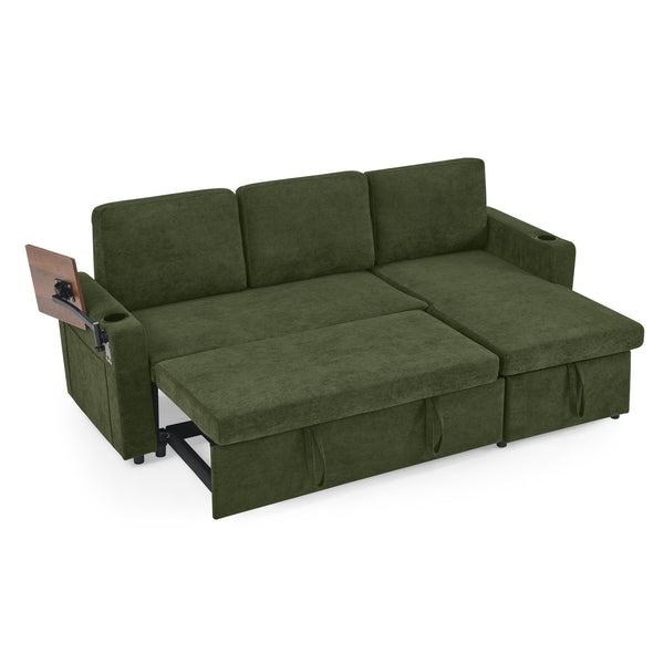 English Elm Modern Chenille Sofa Bed With Retractable Table, Led Lights, Usb Ports & Cup Holders – Green Comfort W1413S00097
