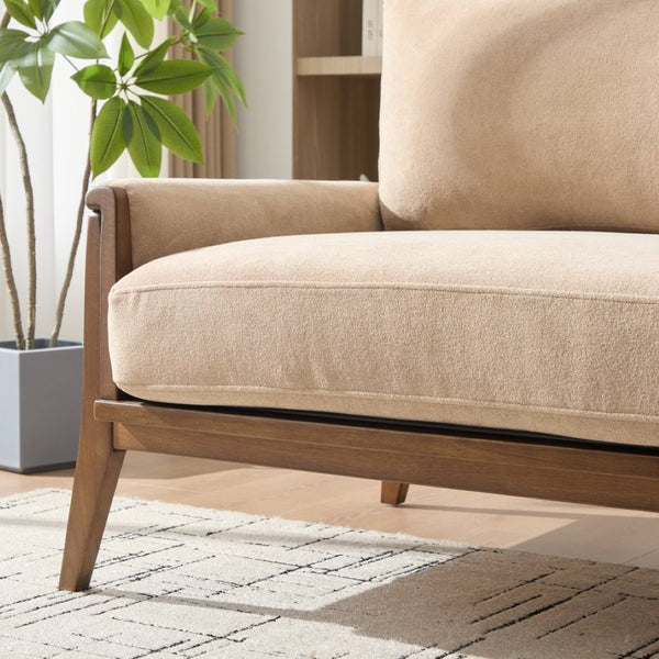 English Elm Mid-century Modern Boucle Upholstered Three Seat Sofa with Walnut Finish Wood Legs Camel N773P411407N