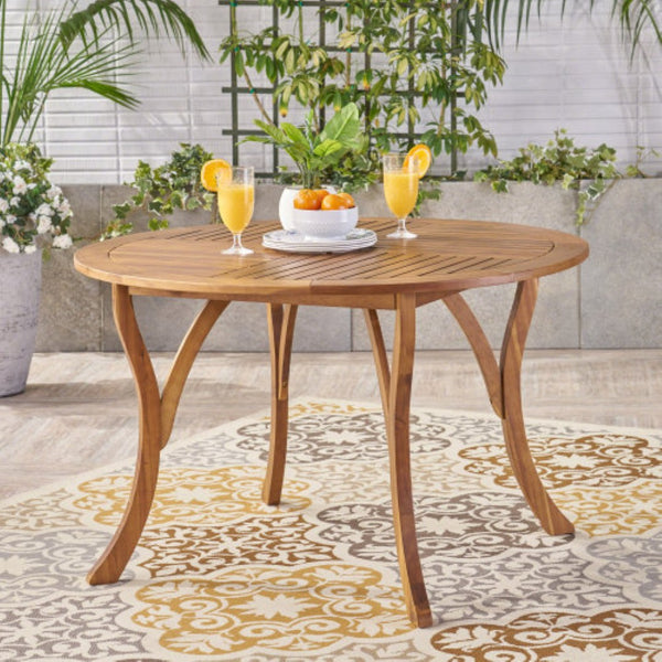 English Elm 47.25" Solid Acacia Round Outdoor Dining Table Slatted Teak Finish Seats Four N770P396234T