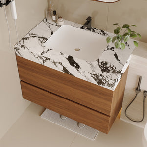 English Elm 29.9" Floating Bathroom Vanity Sintered Stone Top Soft Close Drawers Bronze Gold Hardware W3136S00040