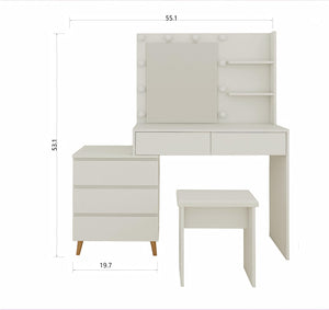 English Elm LED Lighted Makeup Vanity Table with Mirror, Ancient White Melamine, Stool, Drawers & Organizer Elegance W2139P306365
