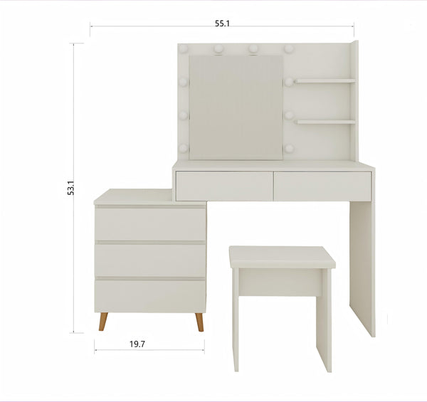 English Elm LED Lighted Makeup Vanity Table with Mirror, Ancient White Melamine, Stool, Drawers & Organizer Elegance W2139P306365