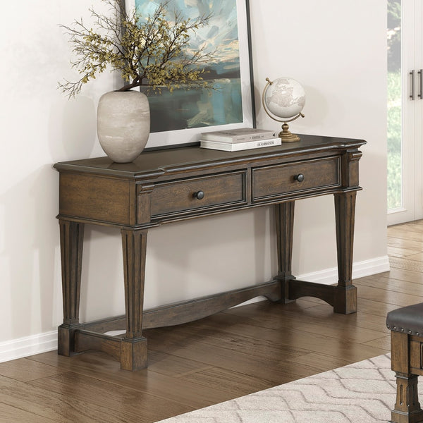 English Elm Classic Chairside Table with Fluted Pilasters, Glass Door, Adjustable Shelf and Built-In Charging Ports Brown 53.5 L x 21.5 W x 14.5 H B011P387122