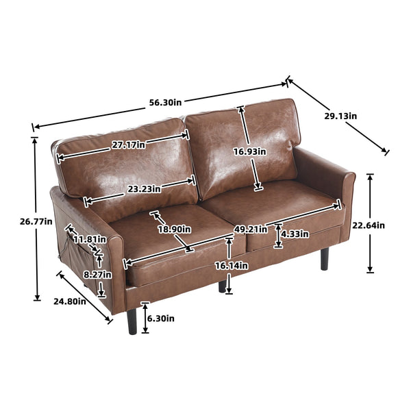 English Elm Loveseat Mid Century Modern Two-Seater Sofa with USB Type-C Charging, Removable Zipper Covers, Durable Wood Legs Brown PU W395P238821
