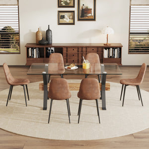 English Elm Dining Table. Modern Tempered Glass Dining Table. Large Modern Office Desk With Black Metal Legs and Mdf Crossbars, Suitable For Home and Office Use. 6 High-End Cushioned Seats.F1105 B0501A