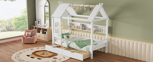 English Elm Twin House Platform Bed with Drawers & Shelves, Solid Wood Playhouse Frame for Kids, Cozy Design Light White W1580S00265