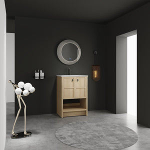 English Elm 24" Freestanding Bathroom Vanity with Ceramic Sink, Oak Finish, 2 Soft-Closing Doors, Open Shelf Storage W1972S00023