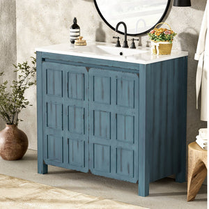 English Elm 36" Bathroom Vanity Organizer with Ceramic Sink, Solid Wood Distressed Finish, Hand-Painted Charm and Ample Storage Retro Blue N729P255666C
