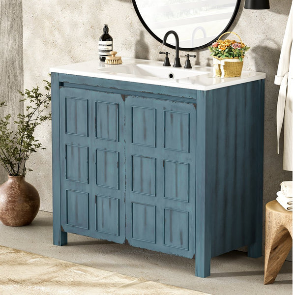 English Elm 36" Bathroom Vanity Organizer with Ceramic Sink, Solid Wood Distressed Finish, Hand-Painted Charm and Ample Storage Retro Blue N729P255666C