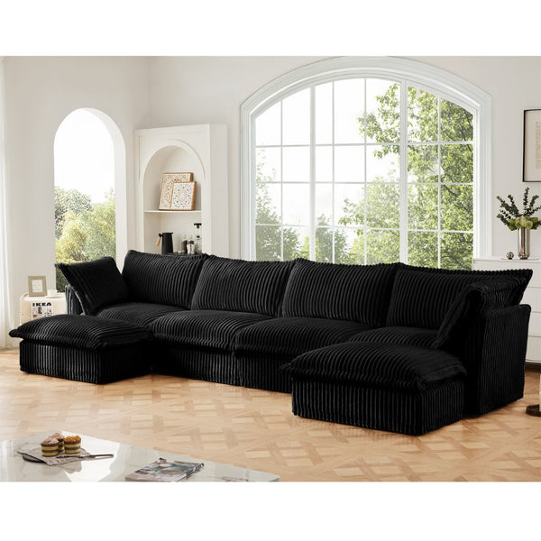 English Elm Slipcovered U-Shape Sectional Sofa Couch - Deep Comfy Seats, French Edges, 4-Seater In Soft Black Corduroy W3041S00101-GIGA