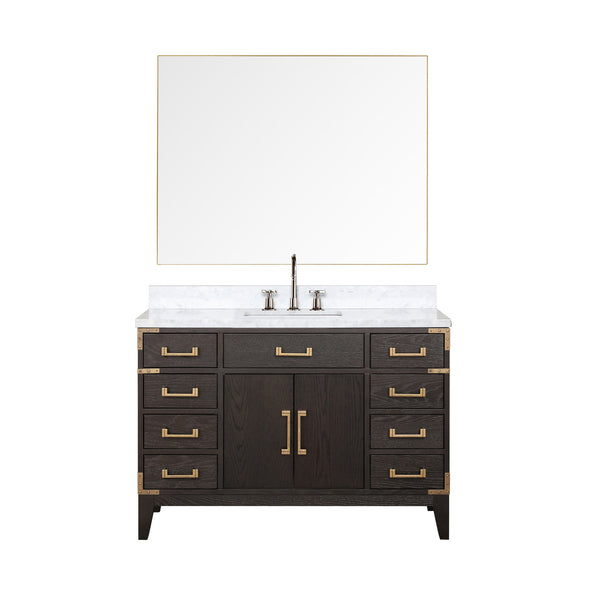 English Elm Brown Oak 48 in Single Bath Vanity with Polished Carrara Marble Top, Chrome Faucet & 46 in Mirror B2731S02014