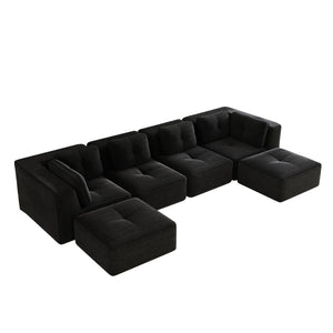 English Elm Modern Corduroy U-shaped Sectional with Deep Seating Two Ottomans Tufted Detail Black W714S01794