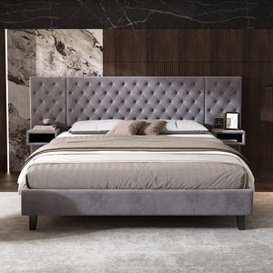 English Elm Christopher Knight Home® - King Velvet Platform Bed with Wingback Tufted Headboard and Built-In Nightstands for Luxury Grey N757P210231G
