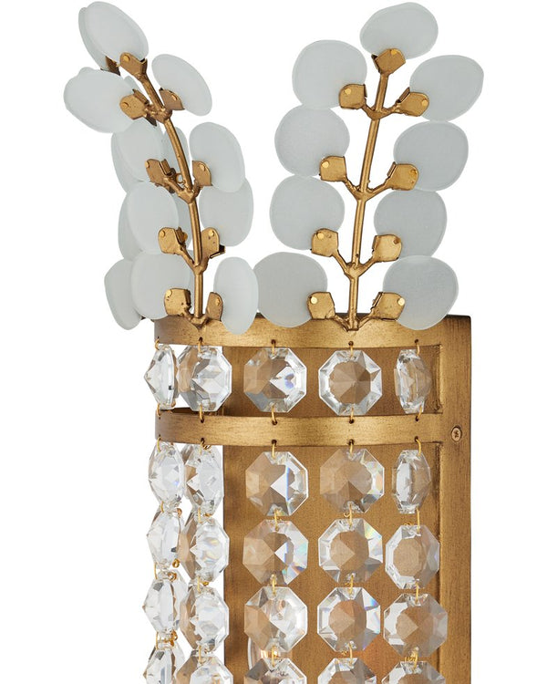 Currey & Company Bradshaw Wall Sconce - Elegant Wrought Iron Design With Crystal Baguettes & Frosted Glass Accents Gold Glass ,Crystal ,Wrought Iron 5000-0283-currey-company