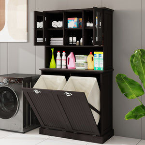 English Elm Two-Compartment Tilt-Out Laundry Cabinet with Adjustable Shelves, Tall Slim Bathroom Storage Organizer Durable Finish Black W1120S00002