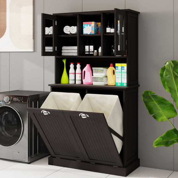 English Elm Two-Compartment Tilt-Out Laundry Cabinet with Adjustable Shelves, Tall Slim Bathroom Storage Organizer Durable Finish Black W1120S00002