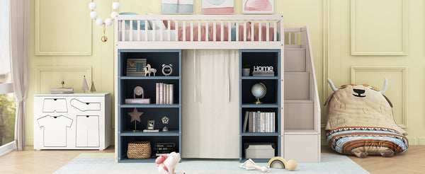 English Elm Full Size Loft Bed With Storage Cabinets, Privacy Curtain & Sturdy Pine Frame For Kids' Rooms GX003006AAL