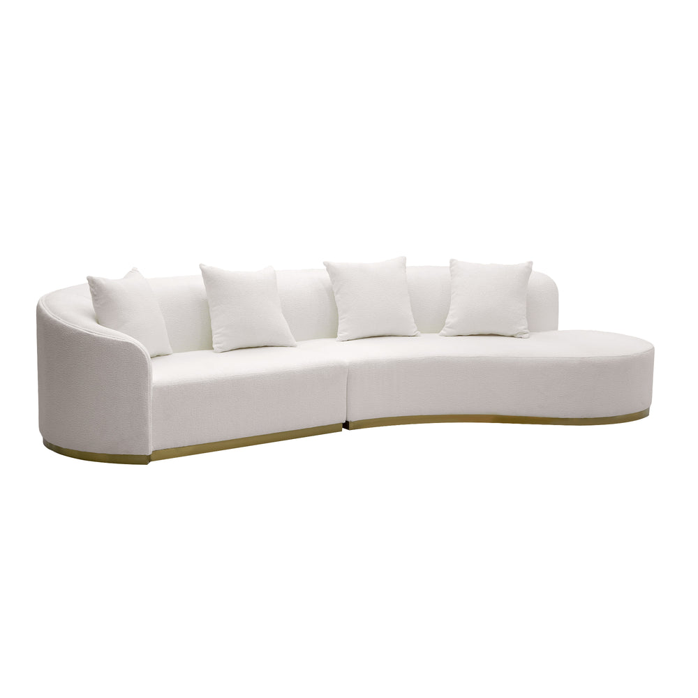English Elm Luna Curved 4-Seater Sofa in White Teddy Velvet with Plush Cushions and Luxe Gold Base Accent B341S00007