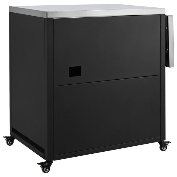 English Elm Versatile Outdoor Cabinet with Foldable Stainless Top, Extendable Iron Panel, Locking Wheels, Matte Black N719P244805B