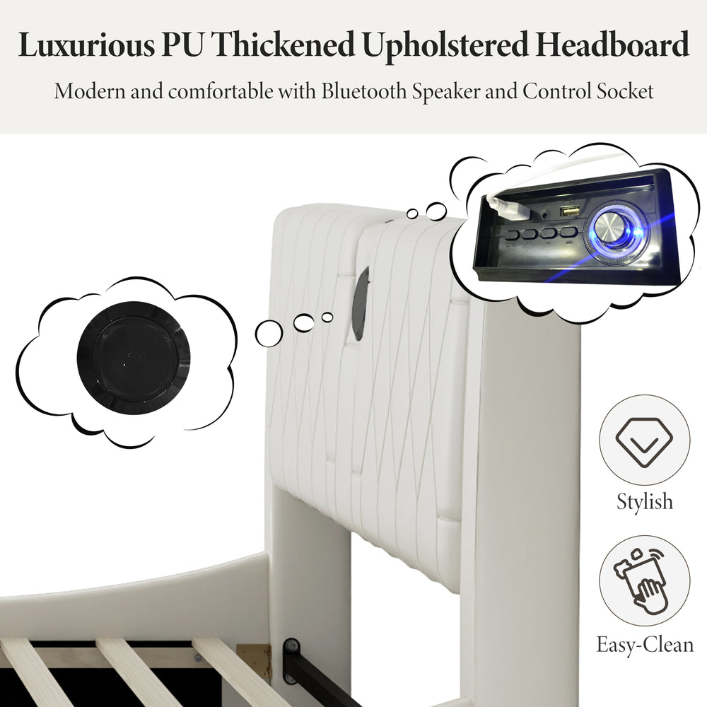 English Elm King Luxurious Faux Leather Upholstered Platform Bed with Storage Headboard, Bluetooth Speakers & RGB Lights Black 78.35 L x 19.69 W x 12.99 H N701P241048B