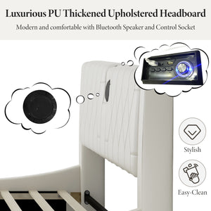 English Elm King Luxurious Faux Leather Upholstered Platform Bed with Storage Headboard, Bluetooth Speakers & RGB Lights White 78.35 L x 19.69 W x 12.99 H N701P241048C