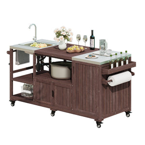 English Elm K&k Solid Fir Outdoor Kitchen Island with Sink Stainless Steel Top and Grill Cutout Brown N707S000022Z