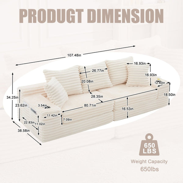 English Elm Oversized Corduroy Cloud Couch Convertible Sleeper Sofa with Memory Foam Seating Beige W395S00116