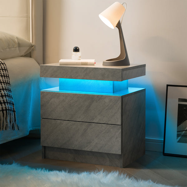English Elm Nightstand with Multi-Color Adjustable LED Lights and Two Drawers for Bedroom or Living Room Use Gray 23 L x 17 W x 8 H W2178P286717