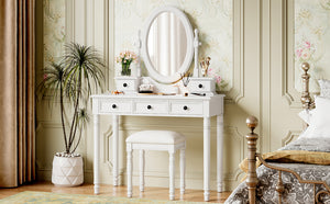 English Elm Vanity Vintage Wooden Makeup Desk with 180° Adjustable Mirror, 5 Velvet‑Lined Drawers & Cushioned Stool White 52.7 L x 22.5 W x 11 H N733P305139K