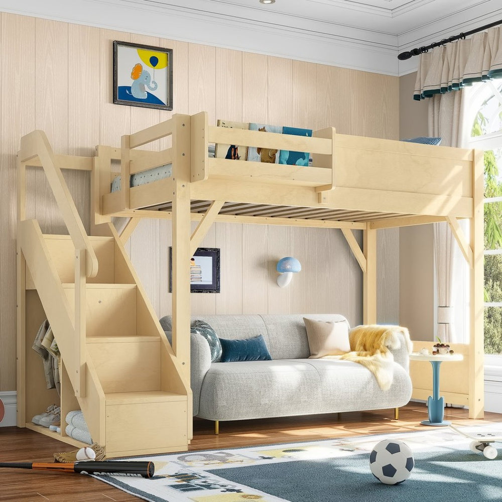 English Elm Twin Low Loft Bed Solid Pine Frame Kids Study Desk Blackboard Storage White Natural W1580S00547