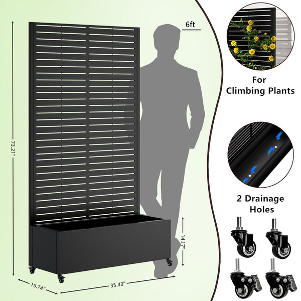 English Elm Metal Planter Box with Trellis on Wheels — 12" Deep Galvanized Raised Bed, Privacy Screen, Black W347P331023