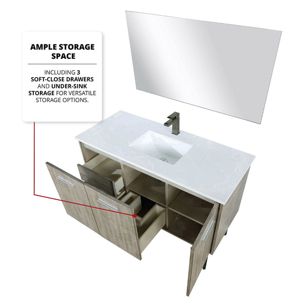 English Elm Rustic Acacia Bath Vanity 48" W, White Quartz Top, Gun Metal Faucet & 43" Mirror For Modern Style B2731S01937-GIGA