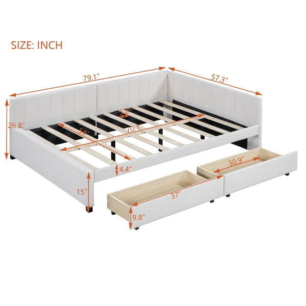 English Elm Full Size Linen Upholstered Daybed with Storage Drawers Sofa Bed for Guest Rooms Beige LP000172AAA-1