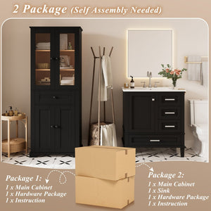 English Elm 67.57" Tall Matte Cabinet Vanity Combo with Glass Doors Soft-close Drawers Sink Black N729P000033B