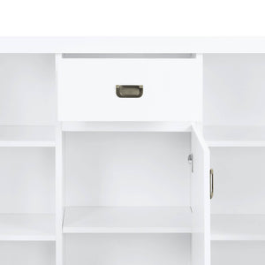 English Elm Pagan White High Gloss Server with Upholstered Seat, 3 Doors, 5 Adjustable Shelves, Sleek Glam Finish B2726P256327