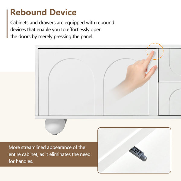English Elm ON-TREND Cream TV Stand 69.6” with Arched Doors, 2 Drawers, Rebound Soft-Close & Stylish Round Legs White N721P205779K
