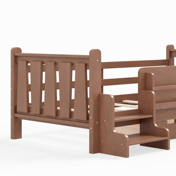 English Elm Twin Pine Floor Bed with Guardrails Built-in Bookcases and Stair Steps for Kids Natural W1580P430200