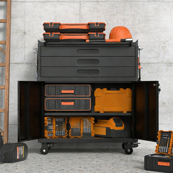 English Elm 34.3" Rolling Steel Workshop Cabinet with 3 Drawers Lockable Doors and Pegboard Sides W2735P428815