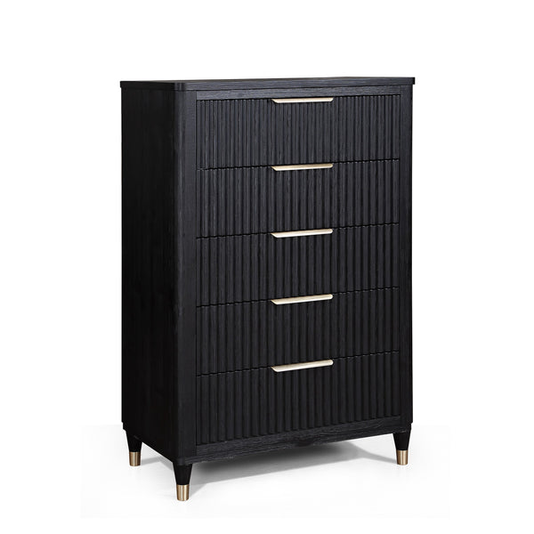 English Elm 1pc Contemporary 5-Drawer Tall Chest with Metal Knobs, Sleek Modern Finish for Stylish Bedroom Storage Black 39 L x 21.3 W x 54 H B011P240207