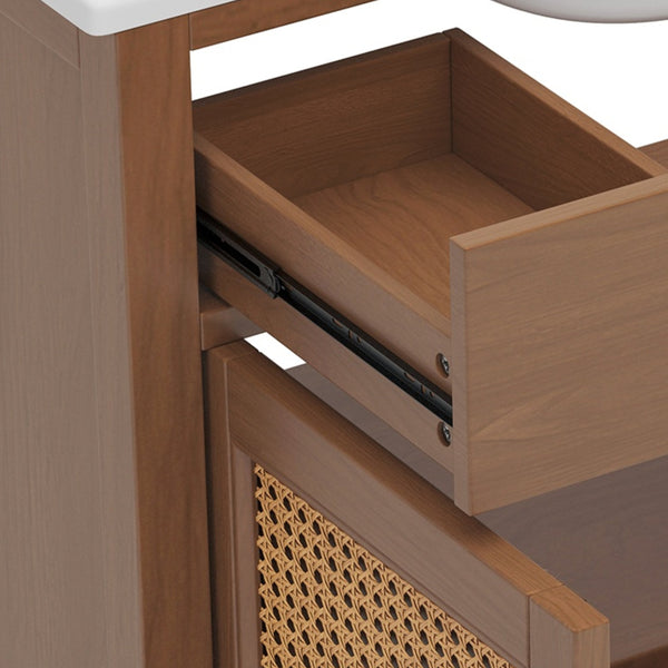 English Elm Christopher Knight Home® - 36" Rattan Bathroom Vanity with Ceramic Sink and Soft-Close Drawers, Handwoven Door Texture, Solid Wood Legs, Spacious Storage Elegance Brown N817P271077B
